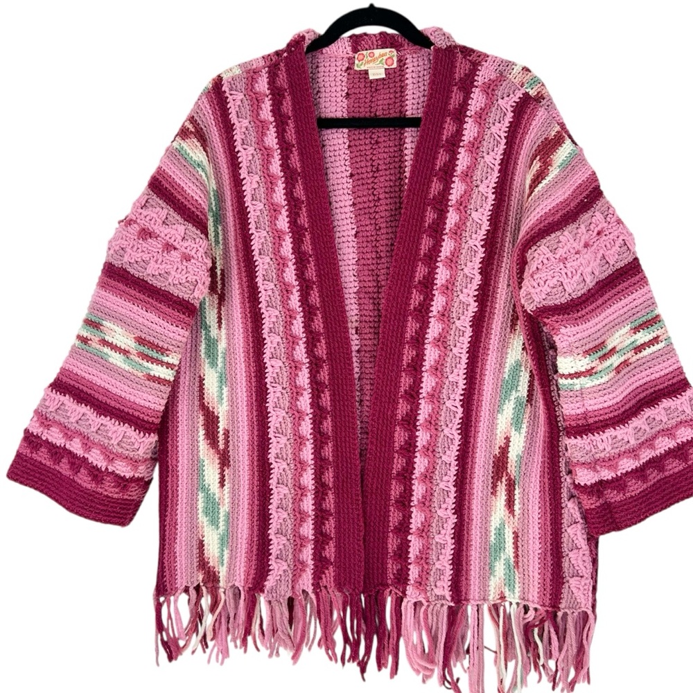 Honeybea Upcycled Vintage Afghan Sweater Cardigan OS Pink